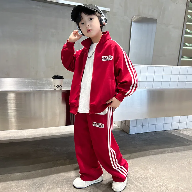 男童套装春装新款条纹撞色美式运动服休闲中大儿童洋气时髦两件套