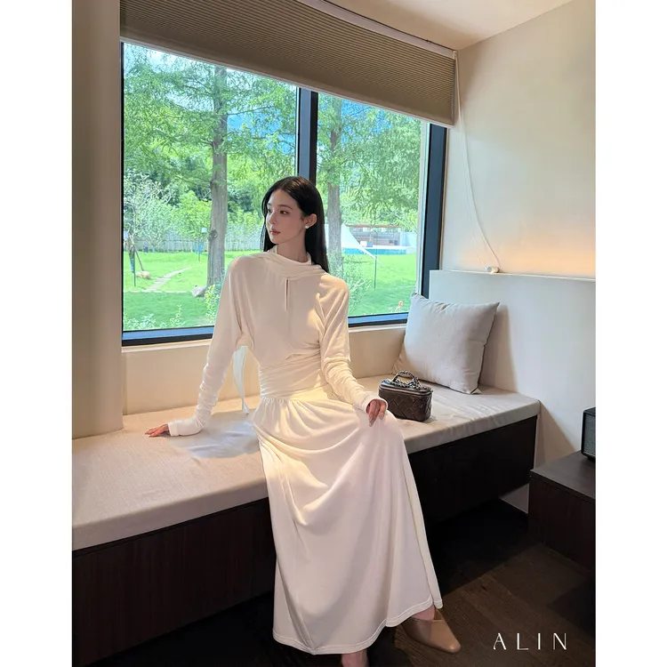 阿琳ALIN【暮织】秋季新款设计感长袖连衣裙显瘦气质长裙女AL5FBL15