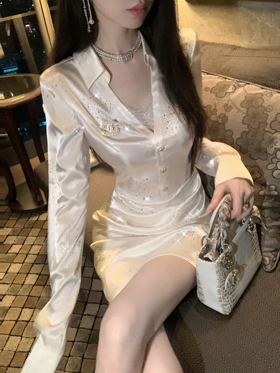 【雅乔定制】钻光银河 缎面烫钻长袖衬衫连衣裙短裙DYCC-25088352