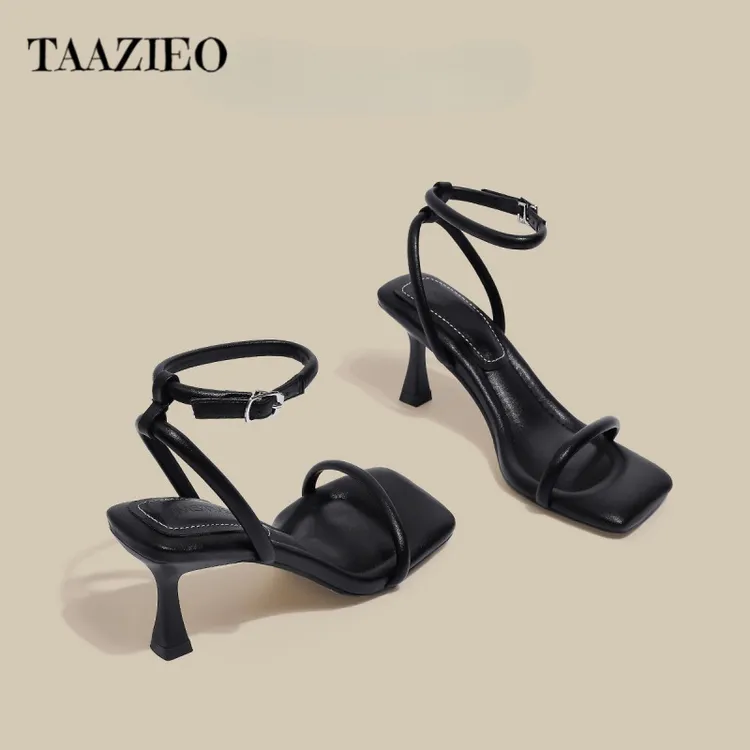 TAAZIEO方头一字带黑色气质高跟凉鞋女2025年名媛风粗跟法式高