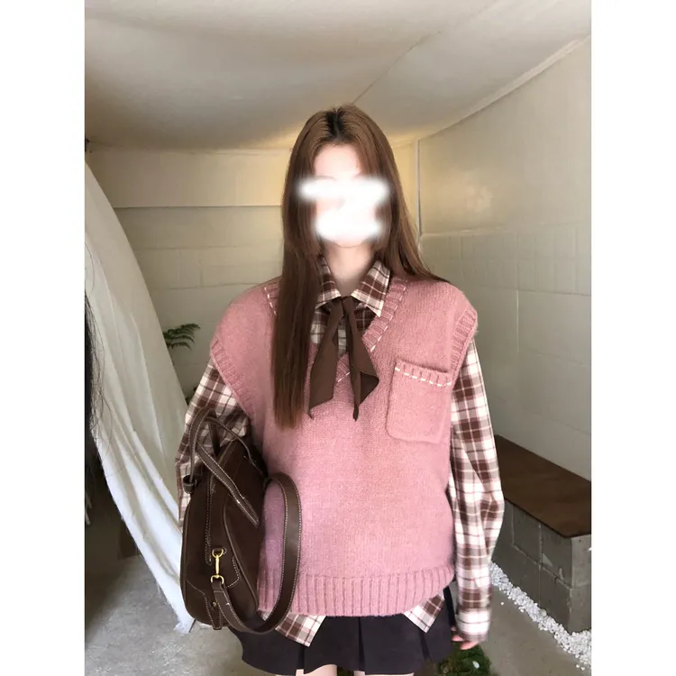 针织毛衣马甲无袖外搭别致叠穿无袖马夹+港式格子条纹蝴蝶结衬衫