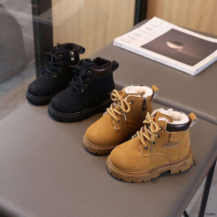 冬季新款儿童马丁靴加绒棉靴保暖鞋女童宝宝短靴男童皮面小黄靴