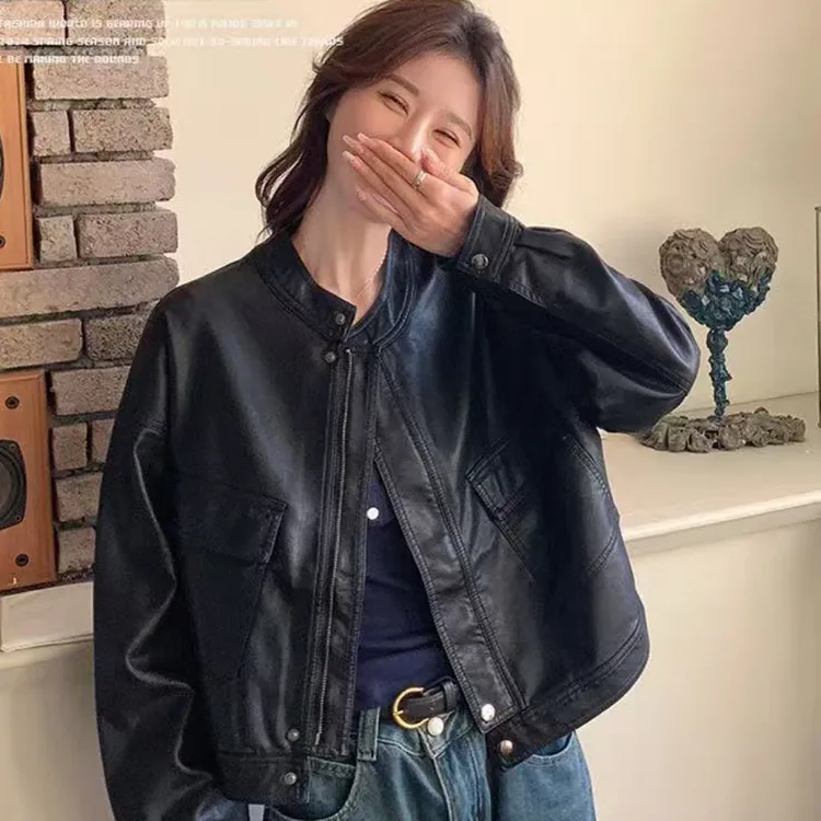 短款复古擦色机车皮衣黑色皮夹克立领千金风百搭