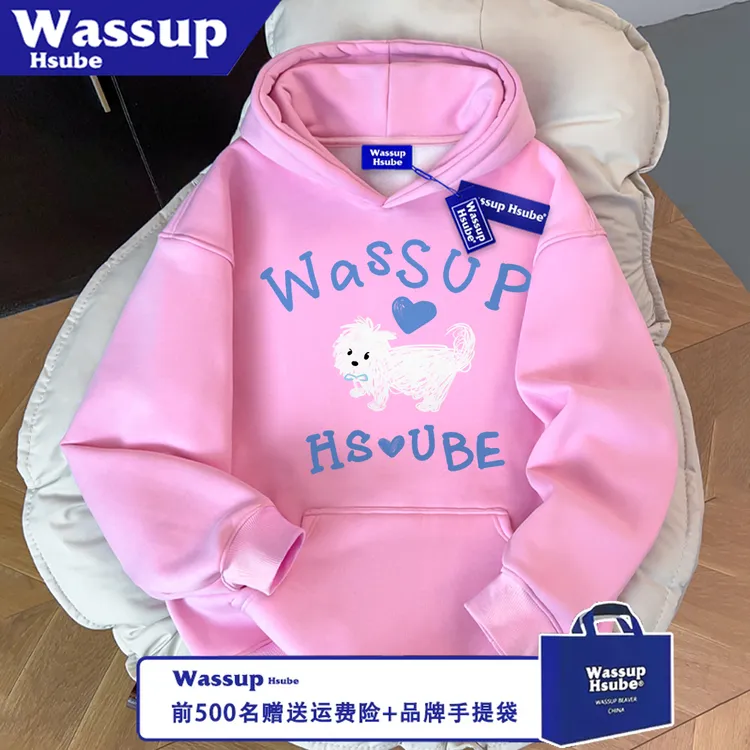 WASSUP HSUBE潮流美式宽松秋冬印花毛线狗狗长袖百搭卫衣情侣上衣