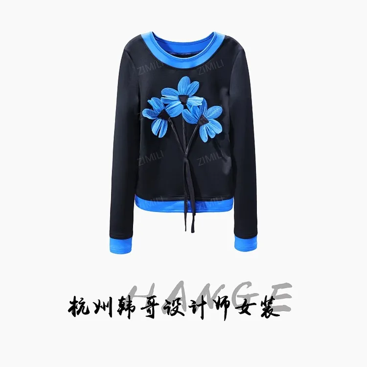 【韩哥女装】2025冬季加厚《缁衣》蓝/黑立体钉花休闲打底上衣9935-A2