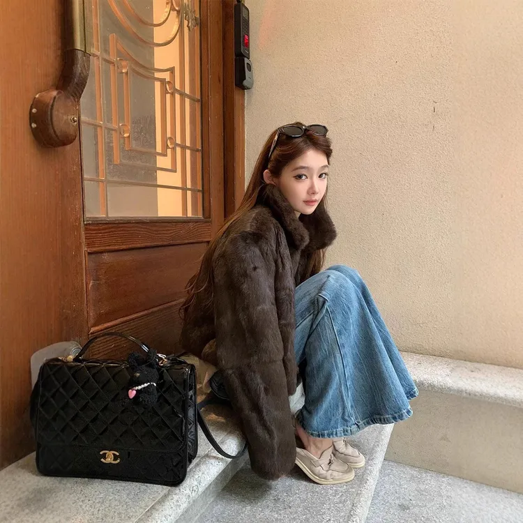 上东老钱风兔毛外套皮毛一体短款高级感新款小个子暖