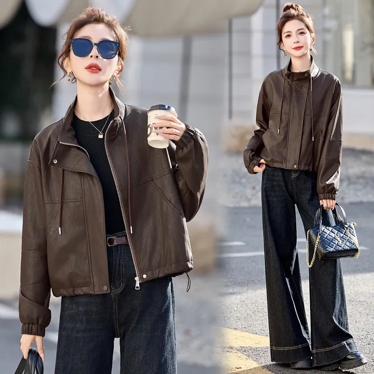 韩系气质抽绳立领皮衣外套女2026春秋新款小个子休闲时尚短款上衣