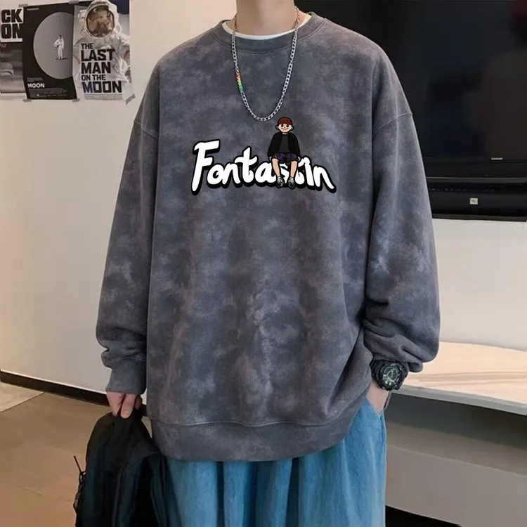 潮牌美式扎染圆领卫衣男士秋季新款休闲宽松打底衫长袖青少年上衣