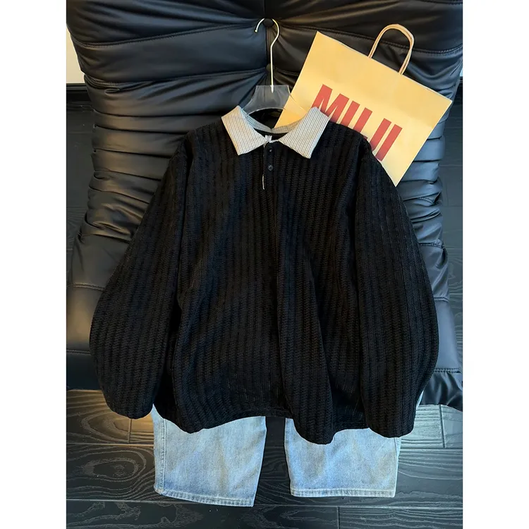 千鸟格鱼骨纹POLO领卫衣男冬季加绒打底衫高级感潮牌翻领长袖上衣