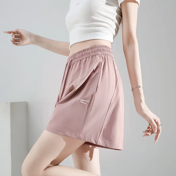 粉色刺绣速干短裤女外穿夏季薄款2025新款高腰运动中裤阔腿五分裤