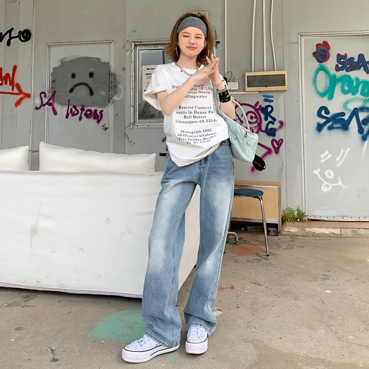 MNVZ美式复古水洗做旧牛仔裤女新款简约高街宽松显瘦潮辣妹直筒裤