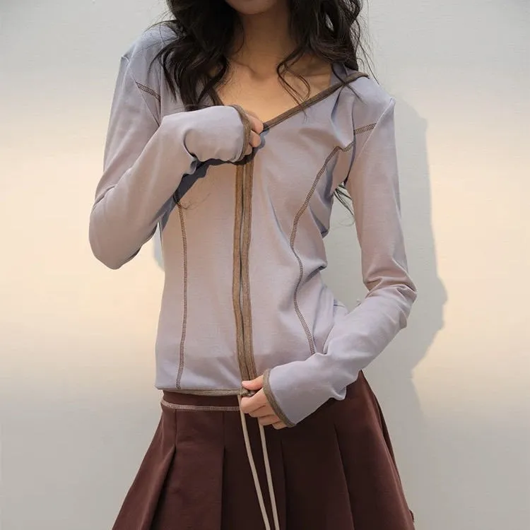 美式复古设计感V领收腰长袖连帽T恤女2025新修身短款拉链开衫上衣