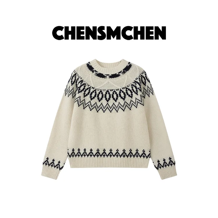 CHENSMCHEN 100绵羊毛圆领白蓝色针织衫女宽松显瘦上衣CSQ11474SL