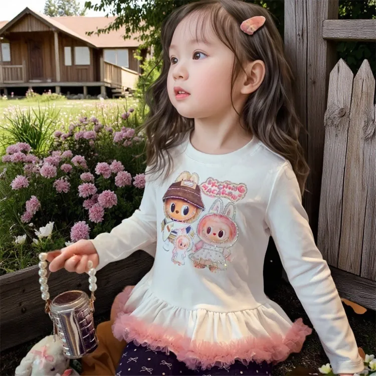 女童长袖T恤秋装2025新款儿童芭蕾风上衣洋气女孩卡通印花打底衫