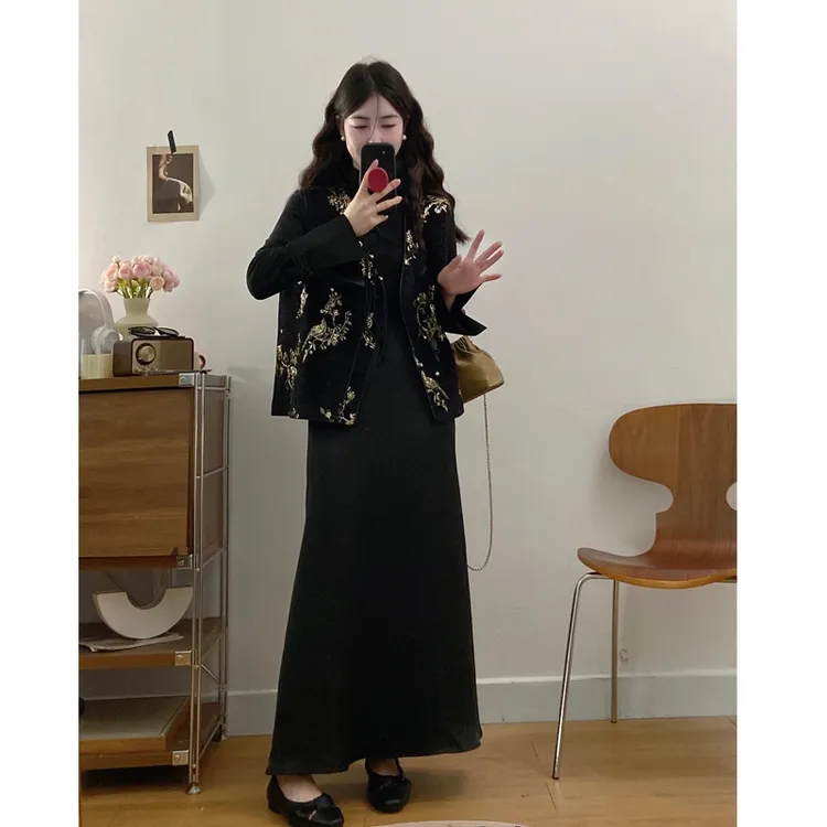 大码女装2025春秋新中式国风马甲高腰显瘦半身裙长袖上衣三件套装