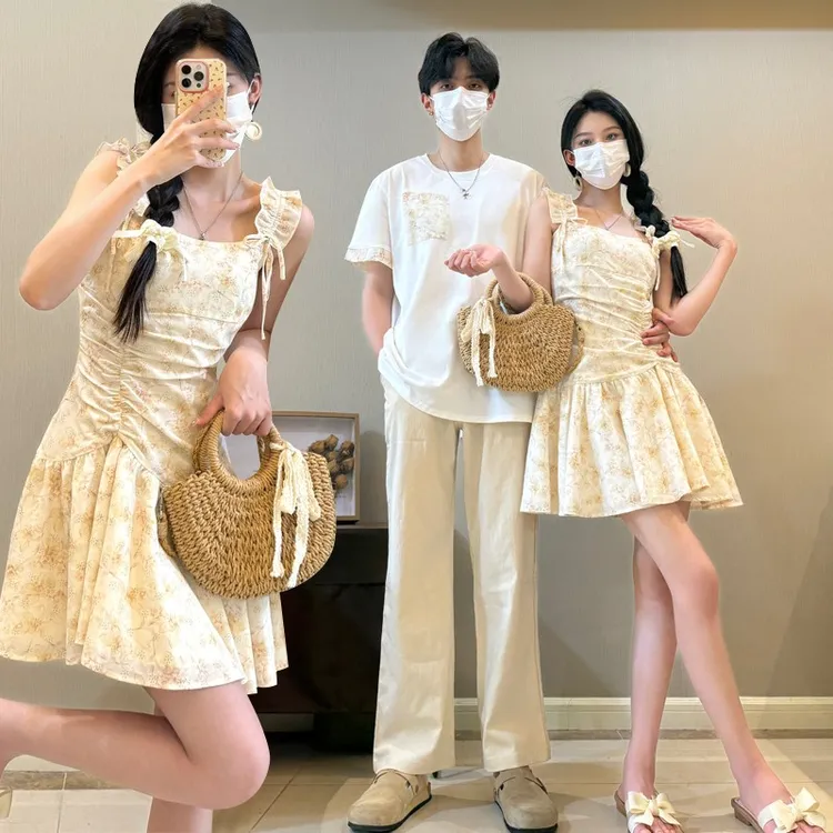 情侣装一裙一衣法式浪漫黄色碎花连衣裙女茶歇吊带裙a字短裙