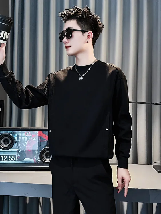 春秋季黑色卫衣男款华夫格拼接上衣2025新款痞帅男装外套休闲衣服