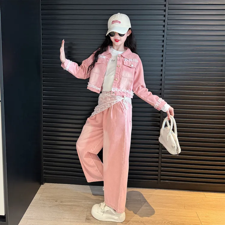 套装女童2025新款初中生春秋蕾丝花边牛仔两件套儿童时髦炸街穿搭