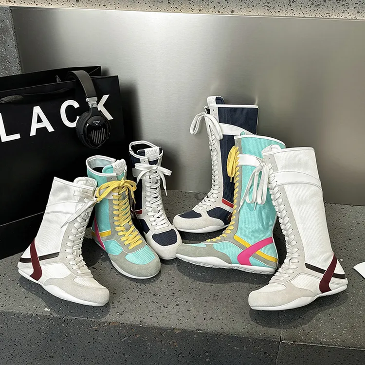 多巴胺拼色绑带短靴女春夏真皮高帮德训鞋软底休闲骑士靴长筒靴子