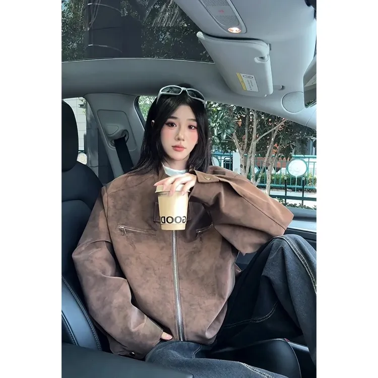 美式短款正肩哈灵顿夹克男秋季美拉德痞帅外套立领pu皮飞行棒球服