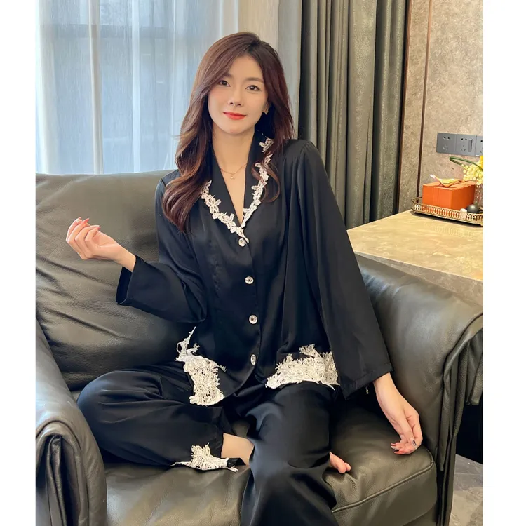 长袖秋季家居服套装网红睡衣常规性感薄款翻领花边女睡衣