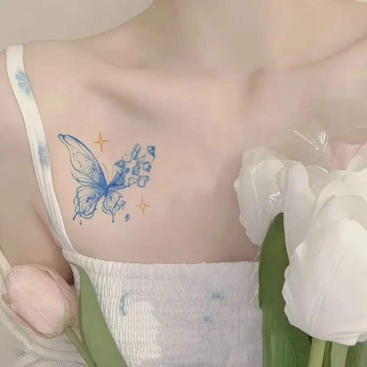 草本素花一次性彩色蝴蝶纹身贴锁骨樱花防水蓝色蝴蝶暗黑二次元