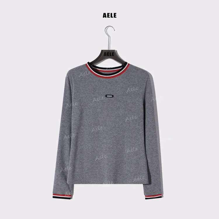 AELE圆领简约纯色贝壳长袖灰色百搭女时尚T恤 T855 5006 AD