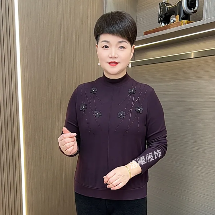 秋冬时尚风保暖长袖半高领中老年女装洋气百搭显瘦打底衫F9107