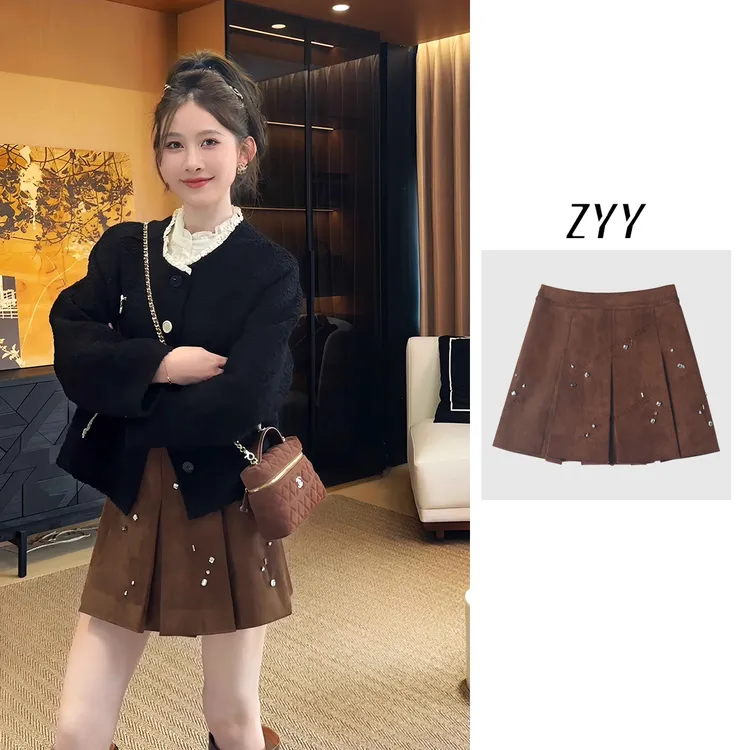 ZYY【长乐未央】2025S/S新品麂皮绒百褶裙高腰a字短裙女X25QDQ03567