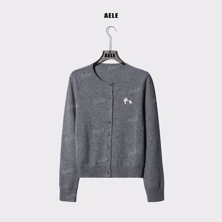 AELE“100羊毛”圆领多巴胺毛巾绣小狗刺绣针织开衫 X853 2659 AD