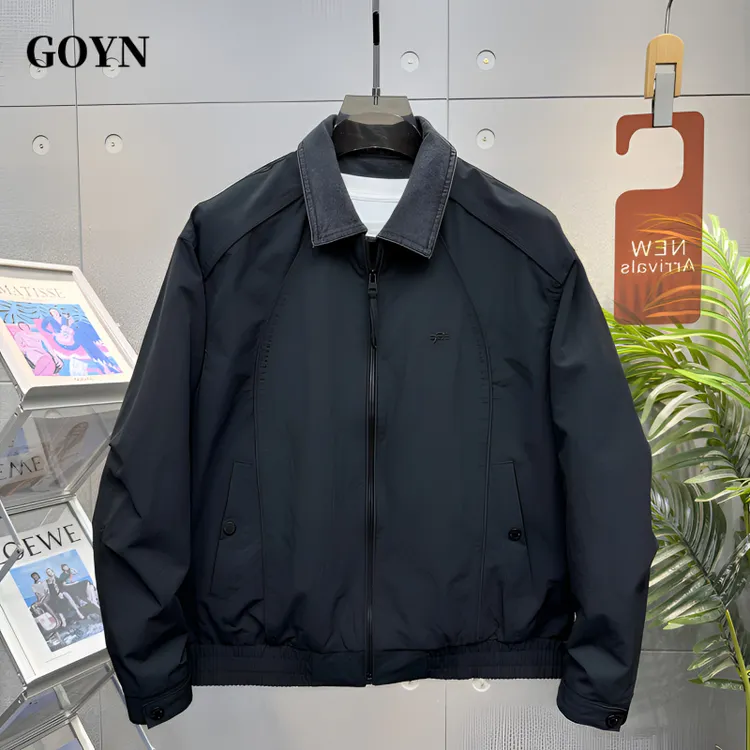 GOYN秋季潮流休闲男士百搭翻领简约时尚男装轻奢牛仔拼接夹克外套