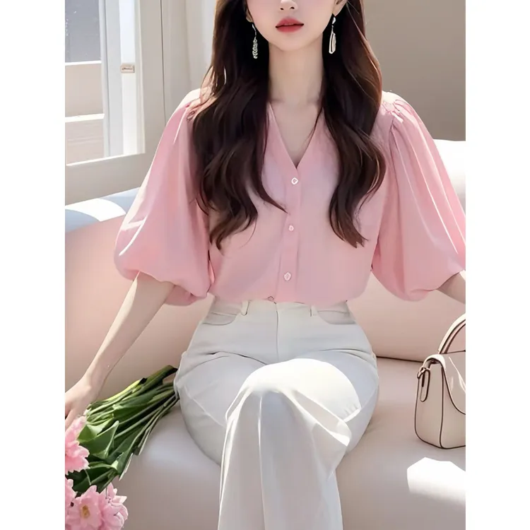 2025年一整套韩系小个子大方得体独特泡泡袖衬衫白色裤子两件套装