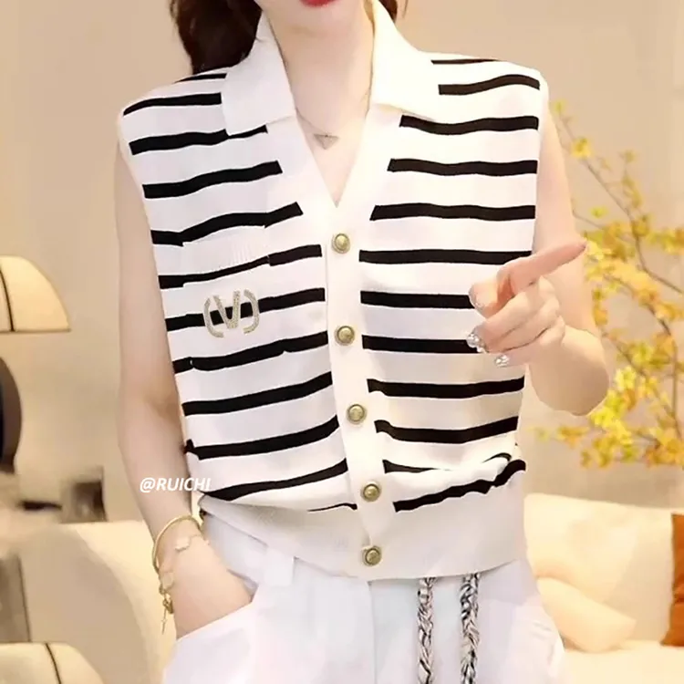 2025夏季韩系POLO领小V领金扣小香风背心薄款短款针织衫上衣女