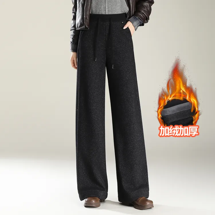 加绒加厚高腰窄版阔腿裤女冬季2025年新款中年女士休闲直筒裤