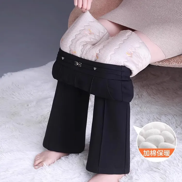 小个子显高微喇棉裤外穿女高腰冬季新款加厚东北保暖显瘦喇叭裤子