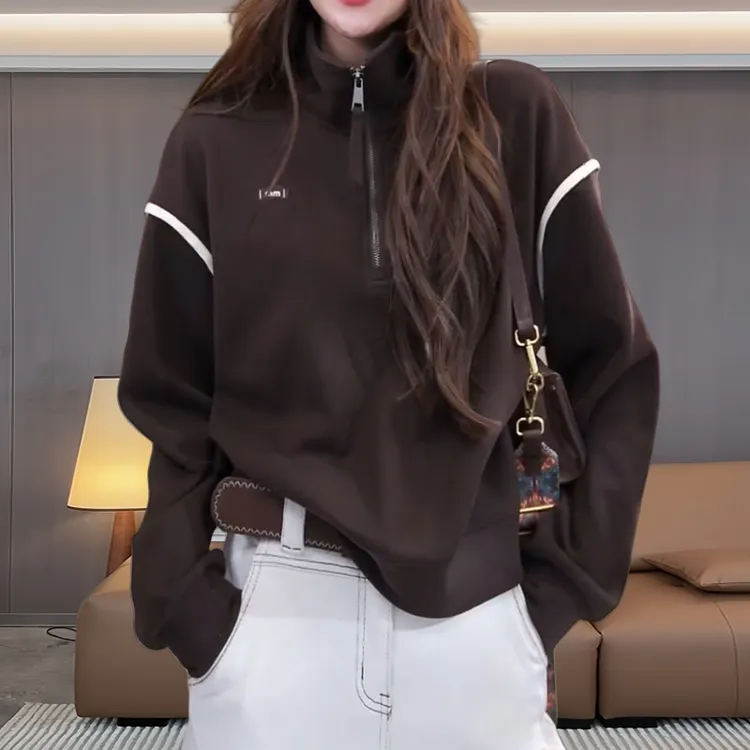 时尚休闲风百搭半拉链撞色卫衣大码女装秋冬显瘦遮肉立领长袖上衣