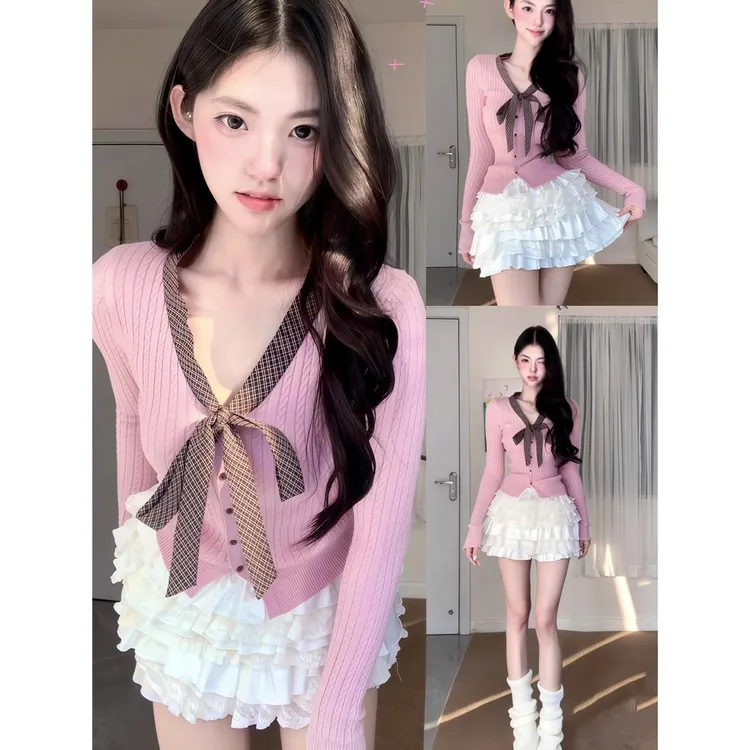 韩系小众不撞款粉色针织开衫毛衣女秋冬独特漂亮巨好看V领小上衣