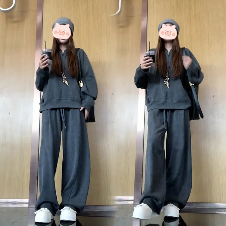 老钱风松驰感纯色卫衣女2025秋季新款宽松上衣高腰阔腿裤两件套女