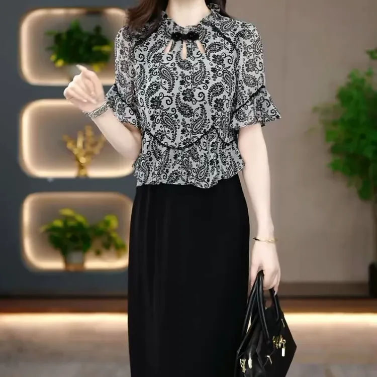 高级琉璃丝时尚洋气百搭碎花假两件礼服裙2025春夏新款显瘦连衣裙