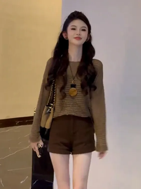 慵懒风气质镂空长袖针织衫女装2025早秋新款休闲百搭辣妹高级上衣