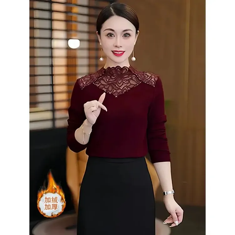 时尚加绒加厚蕾丝打底衫女秋冬新款显瘦内搭长袖小衫保暖洋气上衣