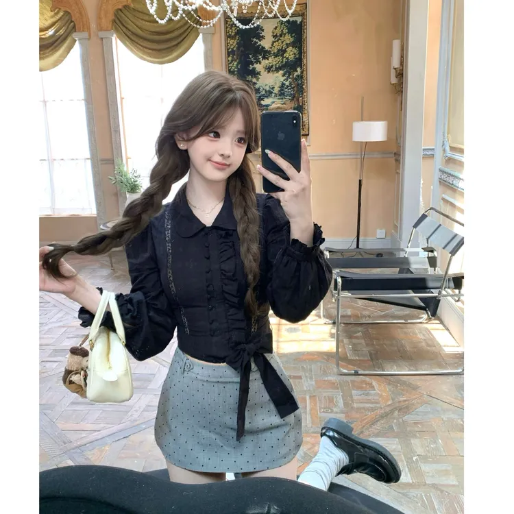 灰猫尾巴 万搭款万能黑色衬衫上衣+波点显瘦裤裙套装秋季新款女