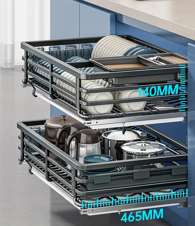 轻奢拉篮厨房橱柜304不锈钢双层抽屉式 内置碗柜碗碟收纳碟架碗篮
