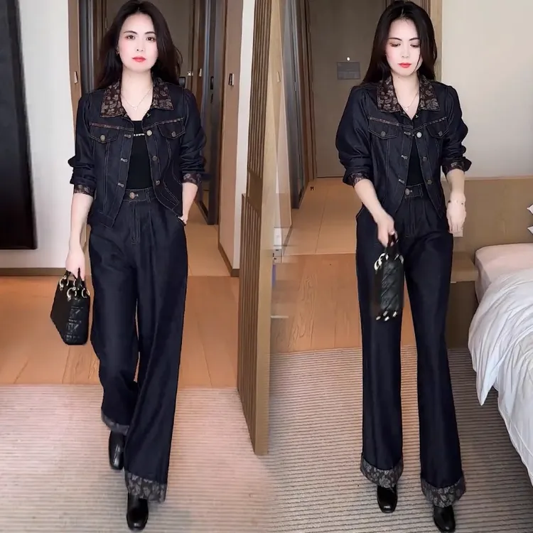 时尚牛仔套装女2025秋季新款洋气时髦短外套阔腿裤休闲减龄两件套