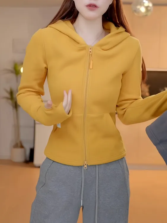 黄色德绒连帽卫衣女秋冬拉链外套2025年新款美式百搭打底上衣