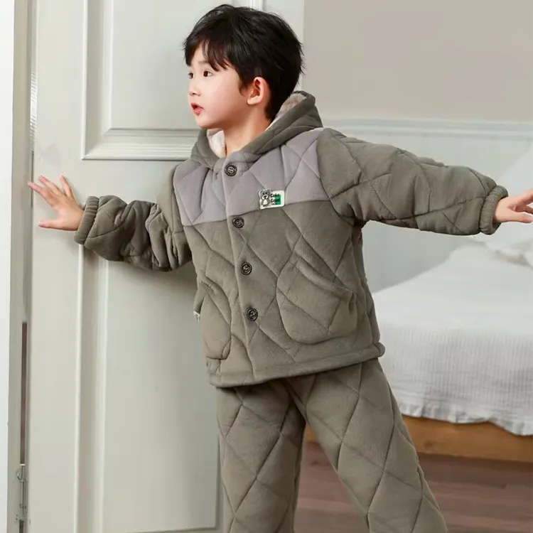 儿童睡衣连帽小男孩宝宝加绒冬款男童珊瑚绒家居服套装外穿韩版潮