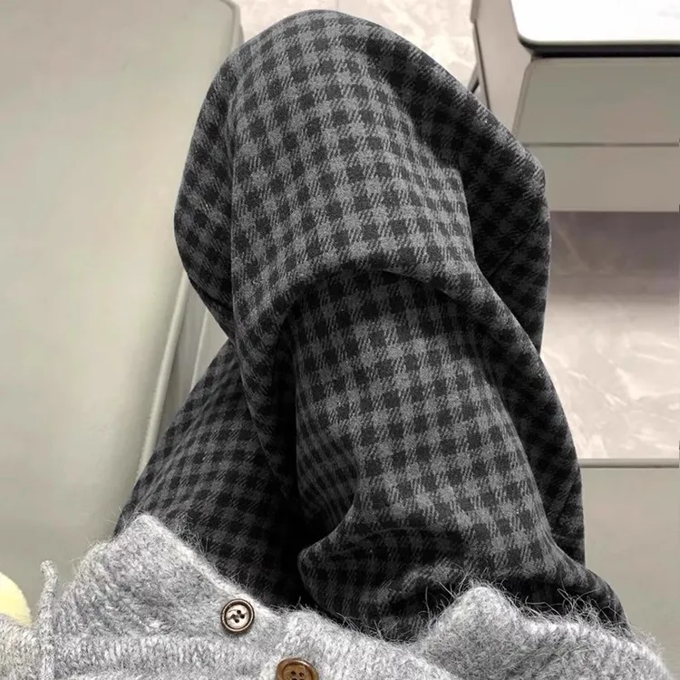 黑灰色格子休闲裤女冬季加绒胖mm大码显瘦宽松慵懒垂感直筒阔腿裤