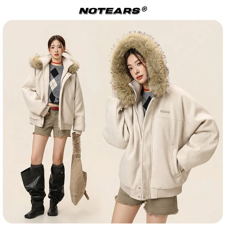 【座山雕毛领连帽】休闲毛呢拼接秋冬棉服保暖情侣款上衣外套M015