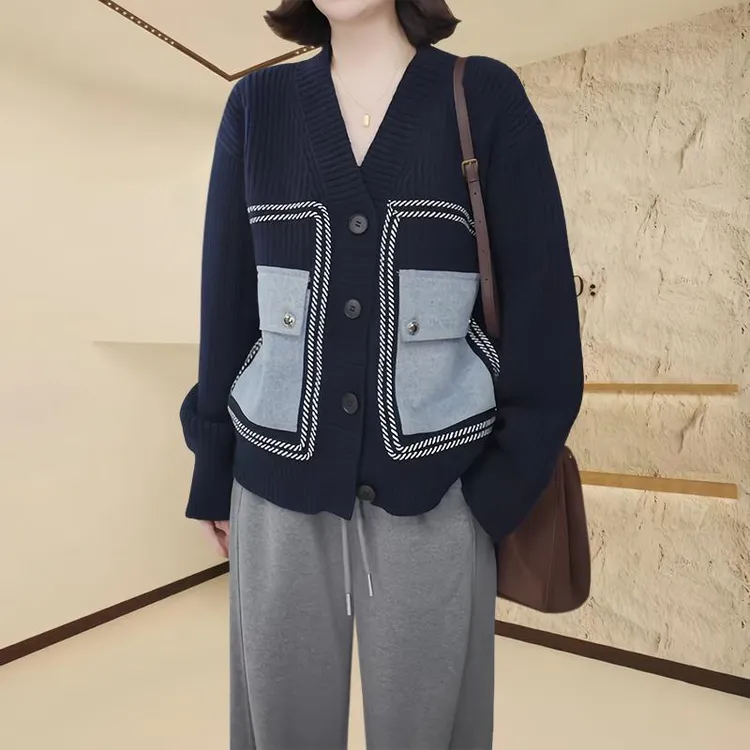 宽松时尚针织开衫女2025秋季新款设计感口袋拼接撞色百搭毛衣外套