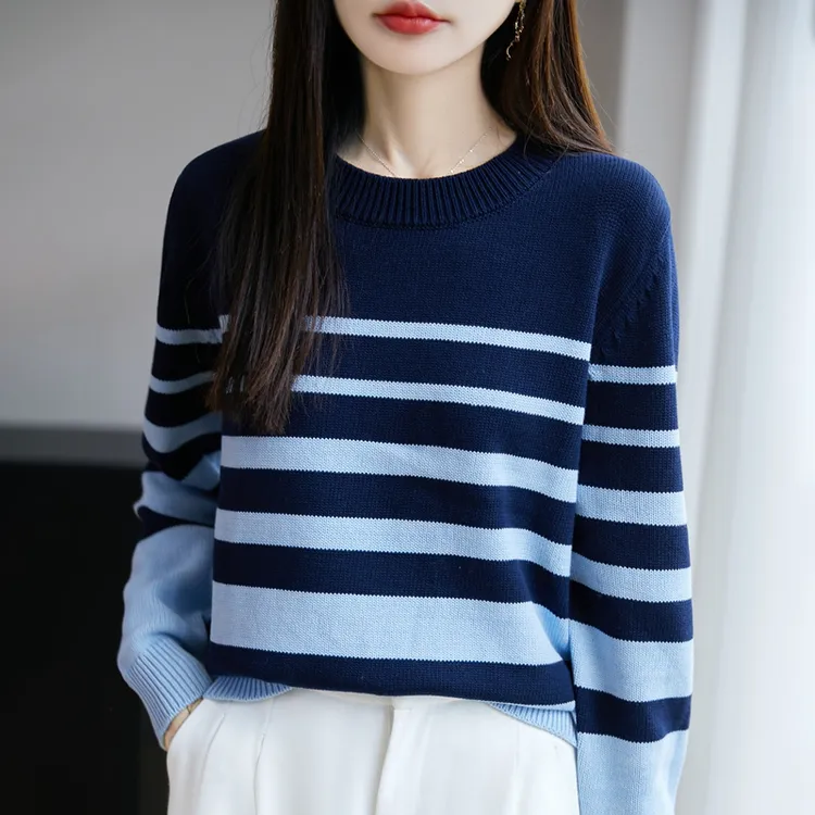 商场同款100%羊毛衫女士新款条纹宽松针织衫内搭接拼显瘦宽松毛衣